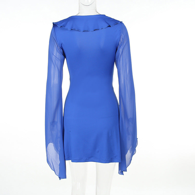 Sexy Ruffled V-neck Lace-up Long-sleeved Dress Fashion Y2K Skirt Slim