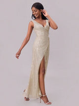 Out of State - Slit Sequin Surplice Sleeveless Maxi Dress