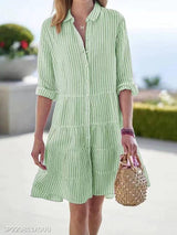 Ins Striped Long-sleeved Shirt Dress Fashion Lapel Button Dresses For Women