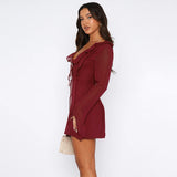Sexy Ruffled V-neck Lace-up Long-sleeved Dress Fashion Y2K Skirt Slim