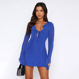 Sexy Ruffled V-neck Lace-up Long-sleeved Dress Fashion Y2K Skirt Slim