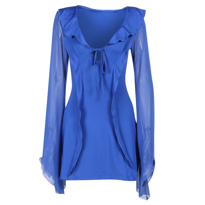 Sexy Ruffled V-neck Lace-up Long-sleeved Dress Fashion Y2K Skirt Slim