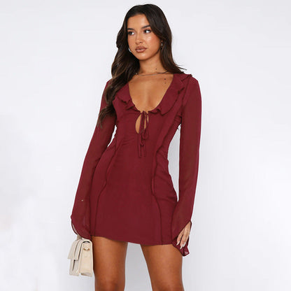 Sexy Ruffled V-neck Lace-up Long-sleeved Dress Fashion Y2K Skirt Slim